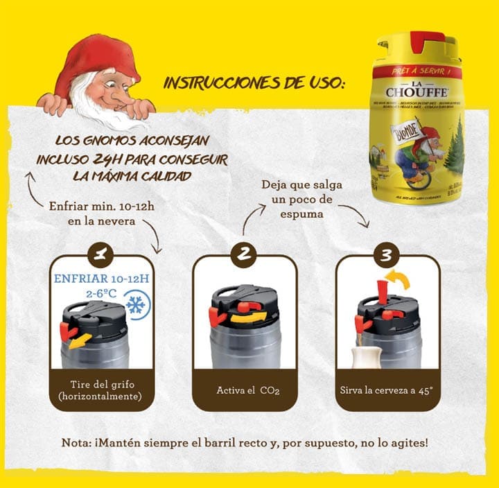 Instrucciones de uso de barril de cerveza La Chouffe de 5 litros Bodecall